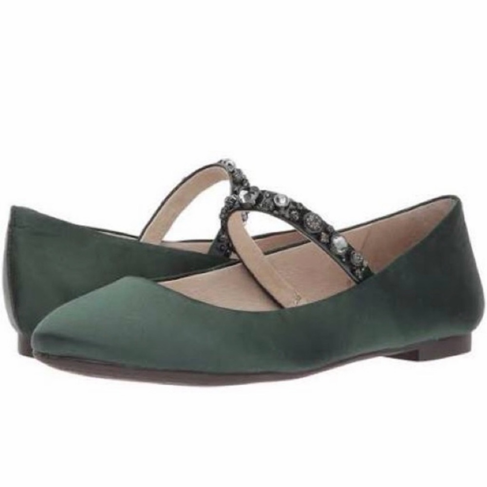 Louise et Cie Emerald Green Satin Embellished Mary Jane strap Flats Sz 6.5